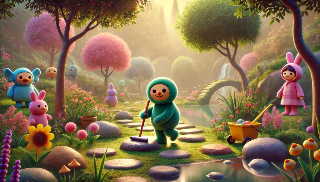 Makka Pakka peacefully cleaning stones in the serene 'In the Night Garden' setting.