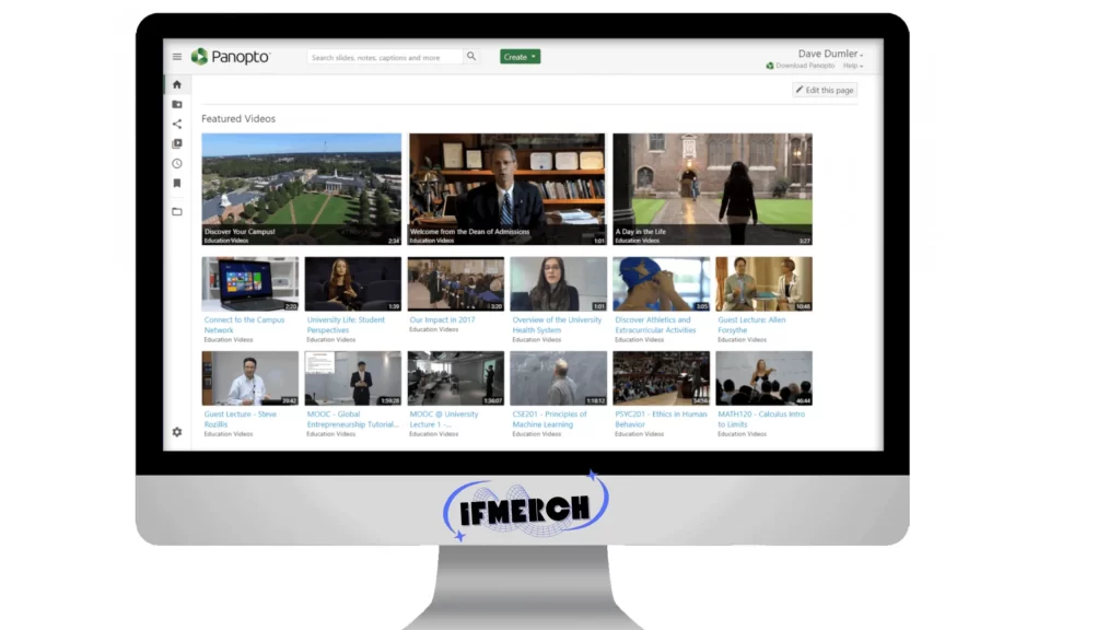 A computer screen displays the Panopto video library interface with various educational videos. The "IFMERCH" logo is placed on the bottom of the screen.