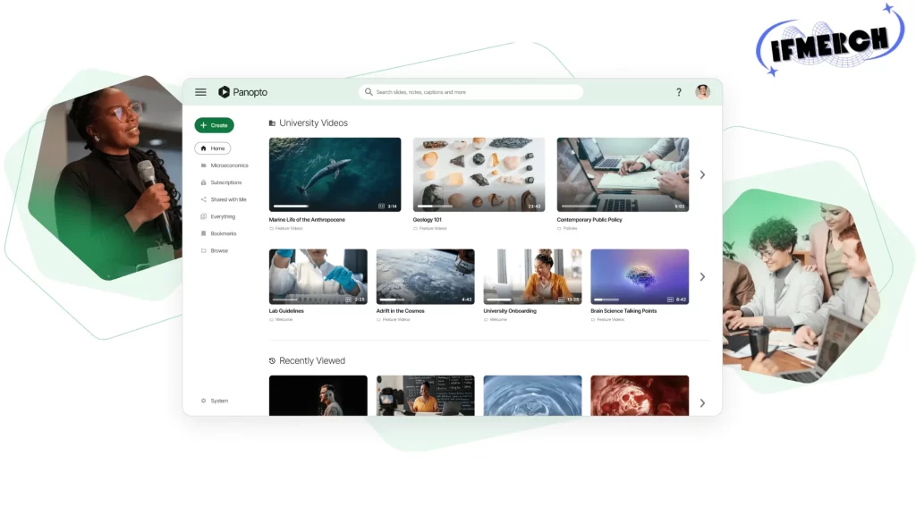 A Panopto interface displays university videos, while the "IFMERCH" logo appears at the top right. Various educational categories and recent views are visible.