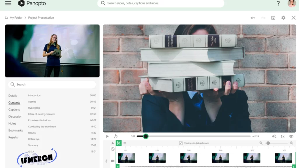 A Panopto interface shows a project presentation with a timeline of video segments. The left panel lists content details, and the "IFMERCH" logo appears at the bottom left.