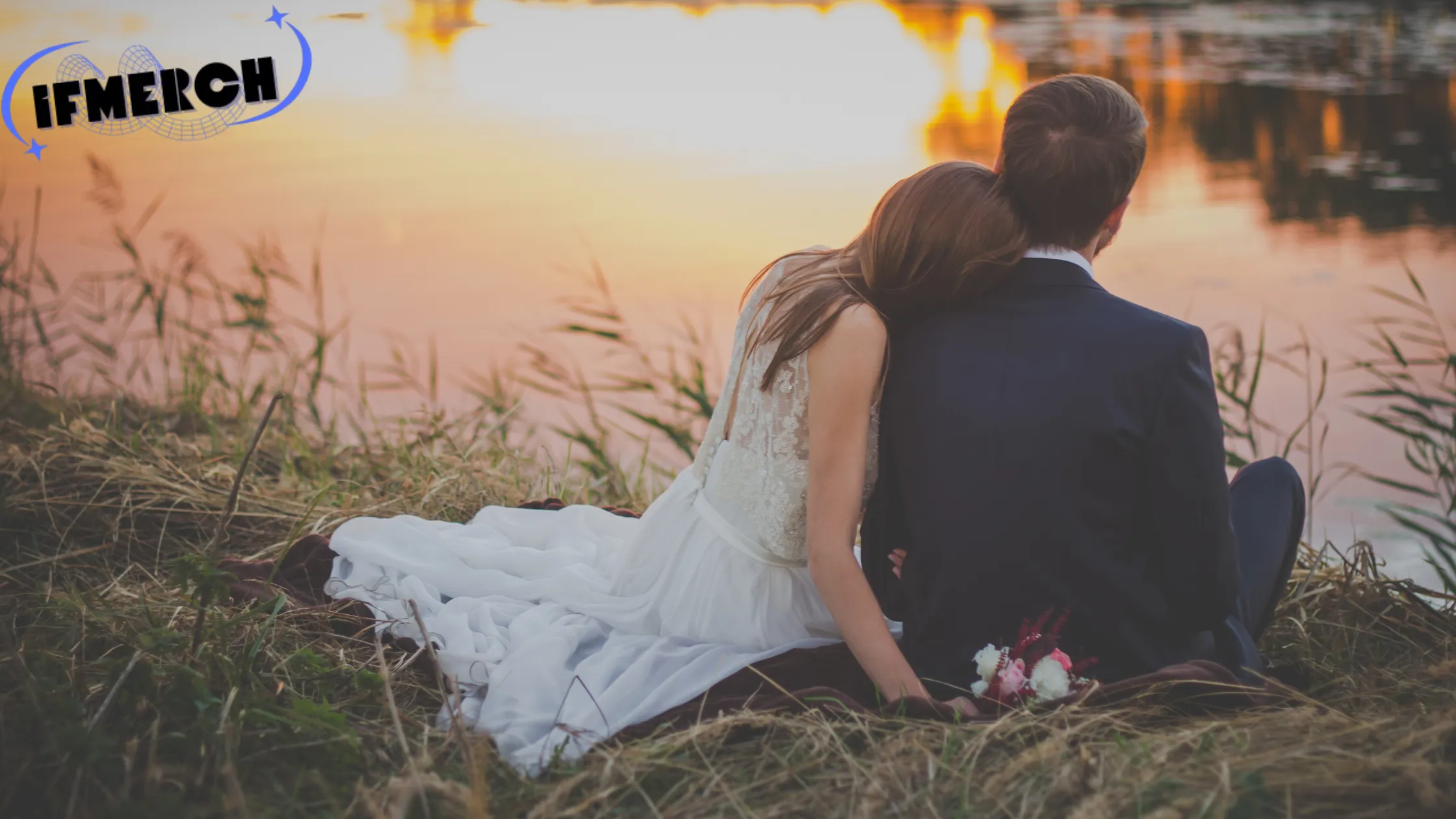 Bride and groom sitting by a lake at sunset. Can You Get Invited to a Wedding?