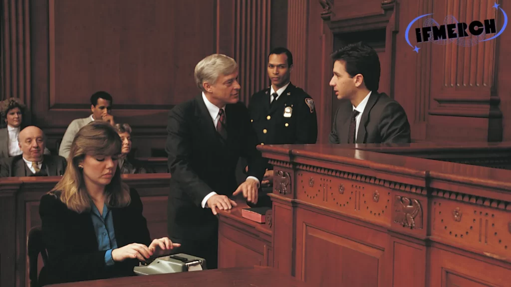 A courtroom scene with a lawyer speaking to a man at the witness stand, while a court reporter types in the foreground and a police officer stands in the background. The image depicts a legal proceeding. The text focuses on the query "Can you go to jail at an arraignment?"