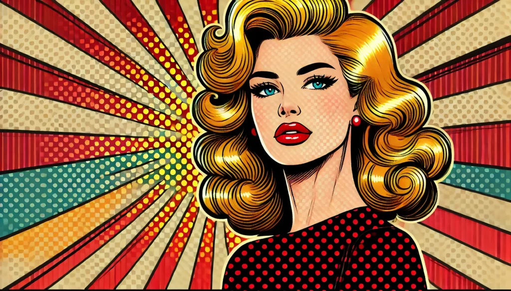 Taylor Swift Coloring Pages featuring a pop art-style illustration of a woman with retro blonde hair, bold red lipstick, and a colorful radiating background, perfect for fans to enjoy coloring.