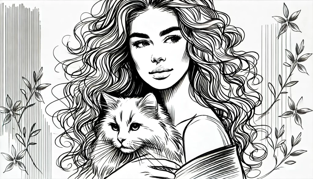 Taylor Swift Coloring Pages showcasing a beautifully detailed illustration of a woman with wavy hair holding a fluffy cat, surrounded by delicate floral accents, perfect for fans to color and enjoy.