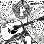 Taylor Swift Coloring Pages: A black-and-white line art illustration featuring a woman playing an acoustic guitar with 'Taylor' written above her. She is wearing a long-sleeved top and a striped skirt. The background is filled with musical notes and confetti, making it perfect for fans and coloring enthusiasts.