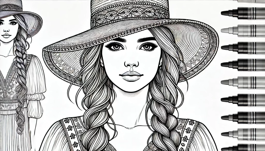 Taylor Swift Coloring Pages featuring a detailed illustration of a woman with braided hair, a decorative wide-brimmed hat, and a patterned dress, inviting fans to bring the image to life with color.