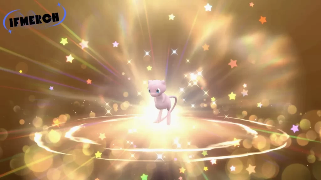 Can you get Shiny Mew without Pokémon Home in Violet? Shiny Mew glowing in a magical aura, surrounded by sparkles and stars, illustrating its rare nature in Pokémon Violet.