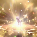 Can you get Shiny Mew without Pokémon Home in Violet? Shiny Mew glowing in a magical aura, surrounded by sparkles and stars, illustrating its rare nature in Pokémon Violet.