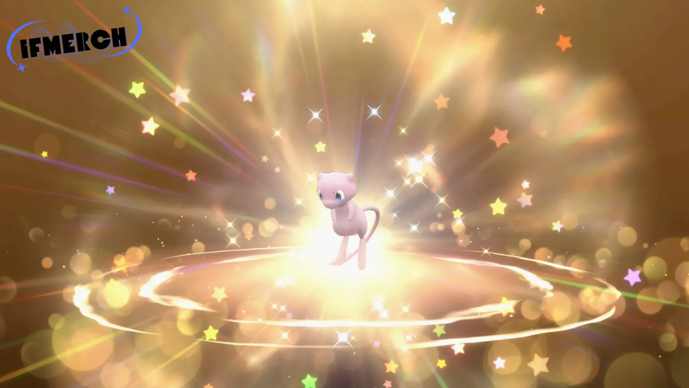 Can you get Shiny Mew without Pokémon Home in Violet? Shiny Mew glowing in a magical aura, surrounded by sparkles and stars, illustrating its rare nature in Pokémon Violet.