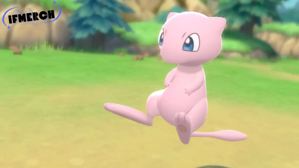 Can you get Shiny Mew without Pokémon Home in Violet? Shiny Mew floating in a grassy outdoor setting, standing out with its vibrant appearance in Pokémon Violet.