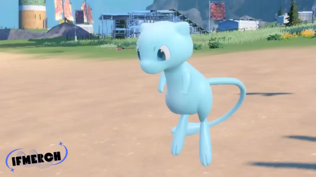 Can you get Shiny Mew without Pokémon Home in Violet? Shiny Mew with its distinct blue hue, standing in an open field, captured in a rare moment in Pokémon Violet.